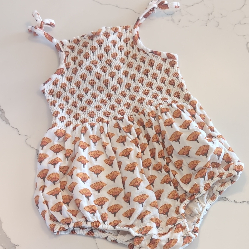 kate quinn White and Orange Marigold Print Smocked Baby Romper